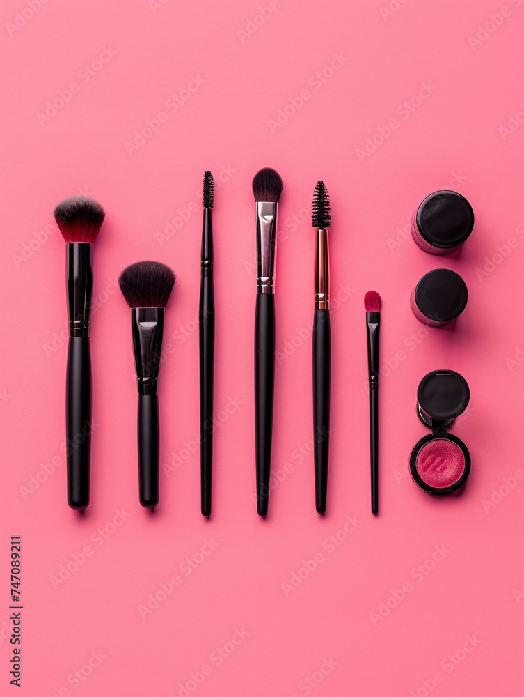 Collection of high-quality ornamental beauty products, makeup utensils and add-ons on a blush-colored backdrop, representing the world of glamour and style. Flat lay display from above. Collection of high-quality ornamental beauty products, makeup utensils and add-ons on a blush-colored backdrop, representing the world of glamour and style. Flat lay display from above.