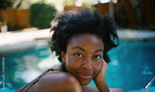 Digital nomad black woman, non-white remote worker, with laptop working by pool. Digital communities and remote and hybrid workforces post COVID pandemic. Diversity, equity, inclusion, DEI, DE&I photo