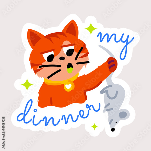 A flat sticker of cat catching mice  