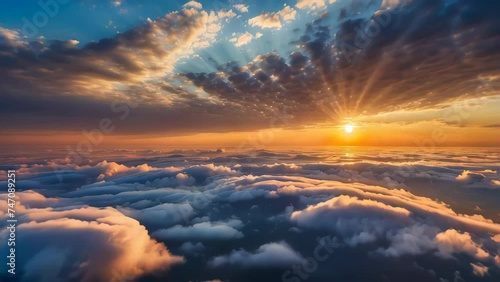 Glide into the sunset amidst a sea of clouds. Generative AI Video. ProRes LT 59.94 FPS available in 4K 16:9.