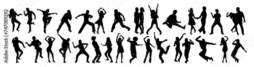 Dancing people black silhouettes. Teenagers, Young girl and boy, couple, men, women dancing street dance, hip hop, classic, latina dance at party or night club. Outline vector drawing isolated.