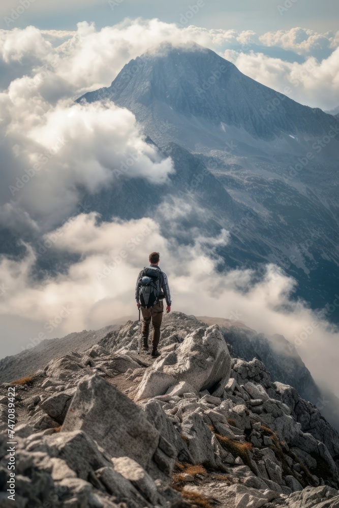 The solitary hiker reaches the summit, surrounded by a vast sea of clouds against dramatic peaks The solitary hiker reaches the summit, surrounded by a vast sea of clouds against dramatic peaks