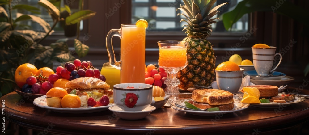 A table is filled with plates of assorted breakfast foods and drinks. There are plates of eggs, bacon, toast, fruit, and glasses of orange juice and coffee.