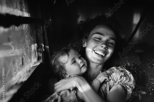 Reminiscing love, black and white photos nostalgic memories of a loving family, glimpse into the past, tender moments between a mom and her baby, heartfelt emotions photo