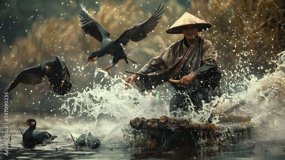 Bring to life the vibrant spirit of the fishermen community in China. a local fisherman as he deftly guides his flock of waterfowl. the connection between man and bird. - obrazy, fototapety, plakaty 