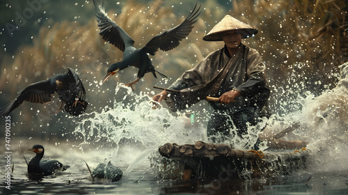 Bring to life the vibrant spirit of the fishermen community in China. a local fisherman as he deftly guides his flock of waterfowl. the connection between man and bird. photo