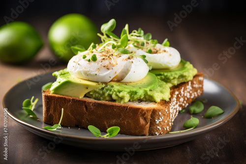 Tantalize your taste-buds with a nutritious breakfast of toasted rye  creamy cheese  poached eggs  and delectable avocado spread.