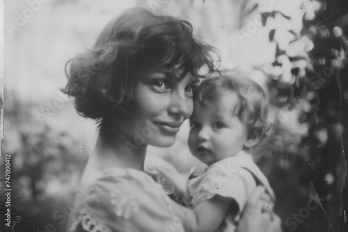 Reminiscing love, black and white photos nostalgic memories of a loving family, glimpse into the past, tender moments between a mom and her baby, heartfelt emotions