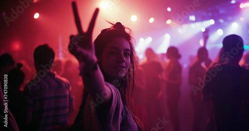 A young white woman in the crowd of a night club showing a peace sign with her raised hand. Many people and red lights around.