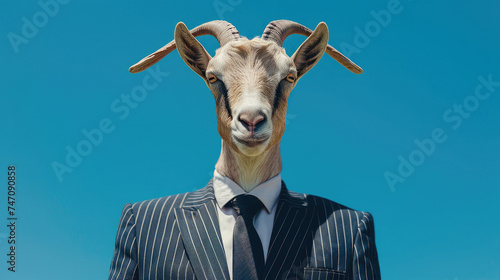 Goat in formal suit with striped pattern and tie on bright blue sky background © boxstock production
