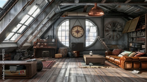 3D rendering of an industrial-style loft living room in the attic. © shaiq