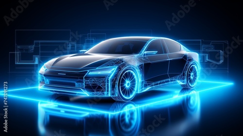 Futuristic electric car with holographic wireframe digital technology background © Ilja
