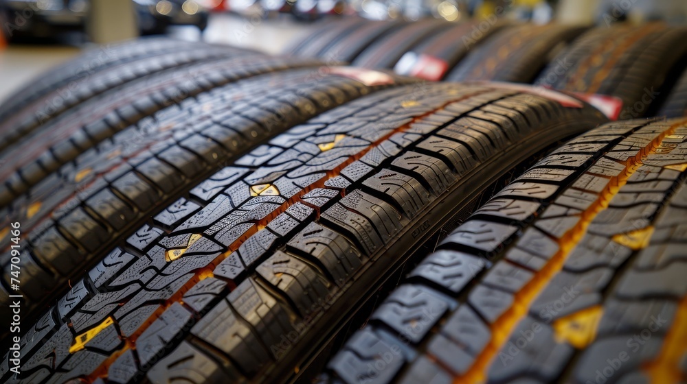 Fototapeta premium Summer car tires on street with copy space for text, vehicle maintenance and safety concept