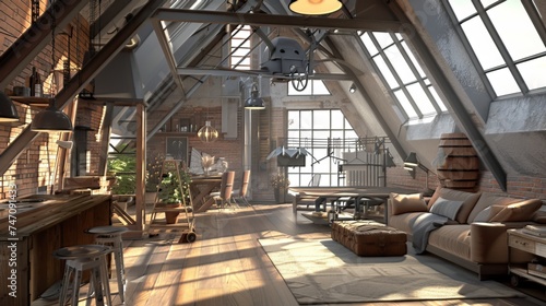 3D rendering of an industrial-style loft living room in the attic.