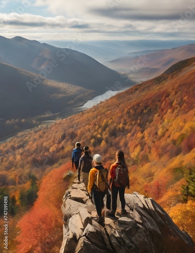 A group of hikers at the peak of a mountain, enjoying the breathtaking vista of the autumn - colored valley below Generative AI