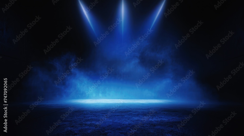 abstract dark blue background, empty dark scene with neon spotlights light, studio room with smoke for display products presentation