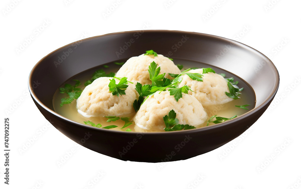 Matzah Ball Soup Served in Individual Bowls with Garnishes Isolated on Transparent Background PNG.