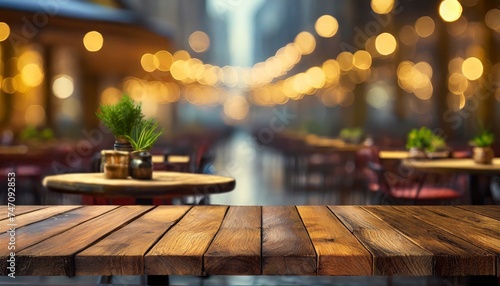 image of wooden table in front of abstract blurred background of resturant lights, Ai Generate  photo