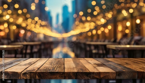 image of wooden table in front of abstract blurred background of resturant lights, Ai Generate  photo