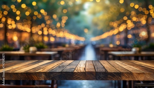 empty wooden table, image of wooden table in front of abstract blurred background of resturant lights, Ai Generate  photo