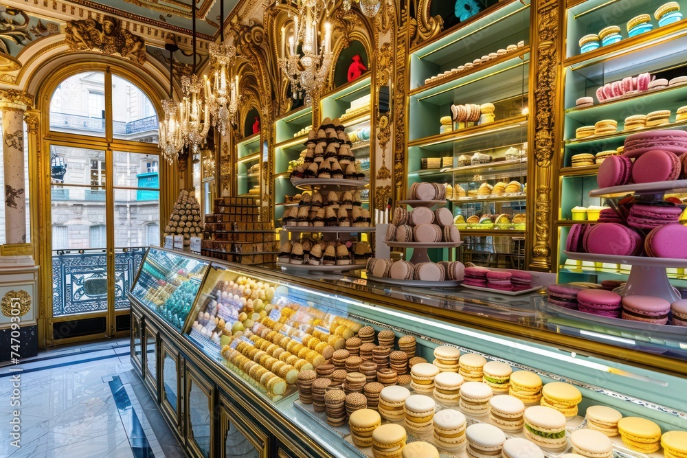 Charming Parisian bakery, with shelves lined with flaky croissants, buttery pastries, and colorful macarons.