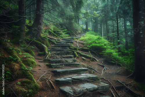 Old stone stairs wind upward through a lush pine forest  surrounded by intricate roots on the forest flow 