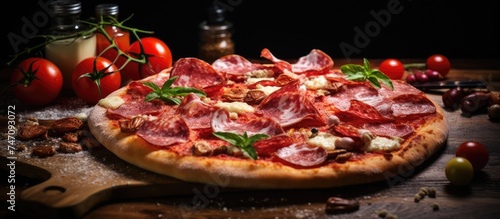 A freshly prepared salami pizza sits atop a rustic wooden cutting board, ready to be devoured. The pizza is adorned with savory toppings, showcasing a delectable feast in a box.