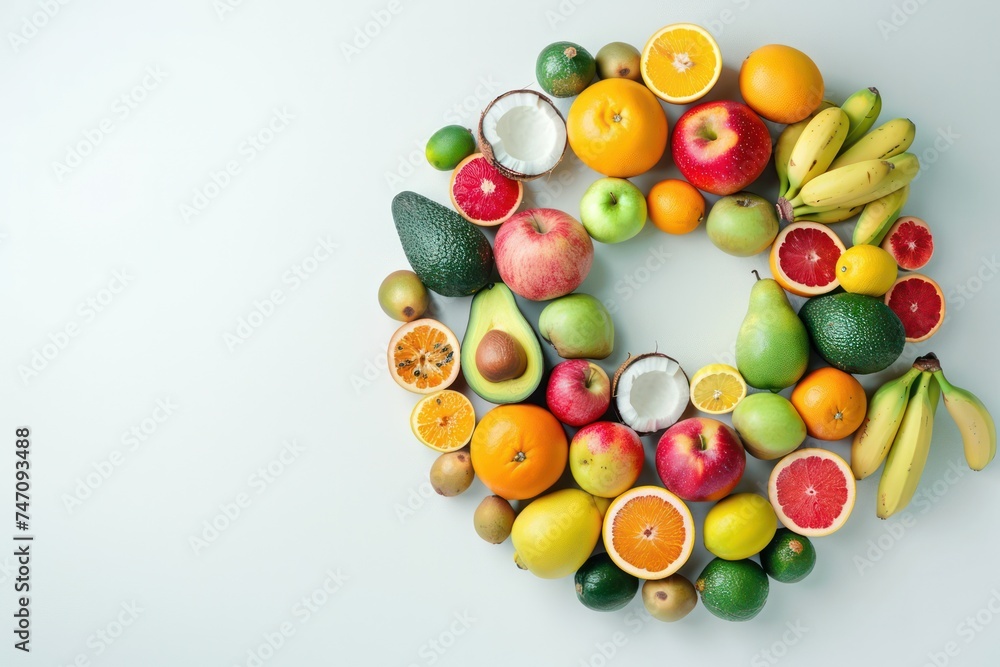 Composition made with many healthy fruits arranged together in a circular round shape on white background: apples, bananas, lemons, oranges, mangos, pears, avocado, grapefruit, coconut Composition made with many healthy fruits arranged together in a circular round shape on white background: apples, bananas, lemons, oranges, mangos, pears, avocado, grapefruit, coconut