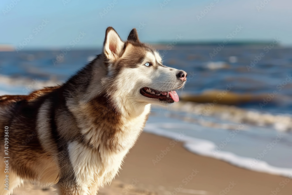 Happy cute siberian Husky standing on the beach in sunny weather. Happy cute siberian Husky standing on the beach in sunny weather.