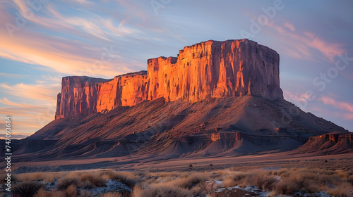 A towering mountain peak, with rugged cliffs as the background, during a golden sunrise