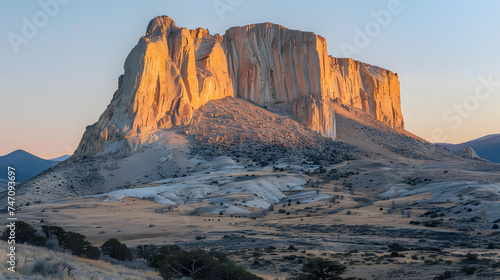 A towering mountain peak, with rugged cliffs as the background, during a golden sunrise