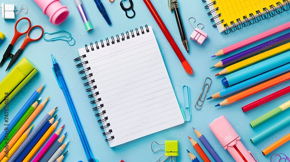 Embark on a learning adventure with this creative top view composition colorful collection of childish school supplies with blank notebook page for text or advertising. Generative Ai Embark on a learning adventure with this creative top view composition colorful collection of childish school supplies with blank notebook page for text or advertising. Generative Ai