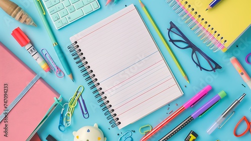 Embark on a learning adventure with this creative top view composition colorful collection of childish school supplies with blank notebook page for text or advertising. Generative Ai photo