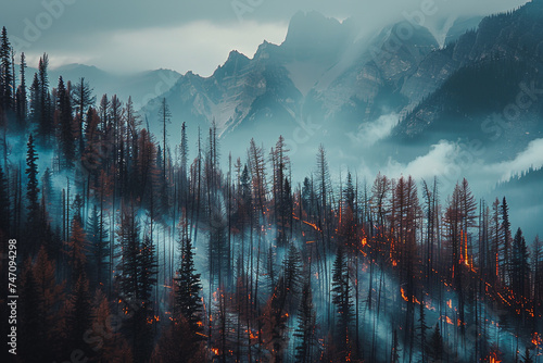 A coniferous forest in a mountainous area is engulfed in flames. Wildfire. photo
