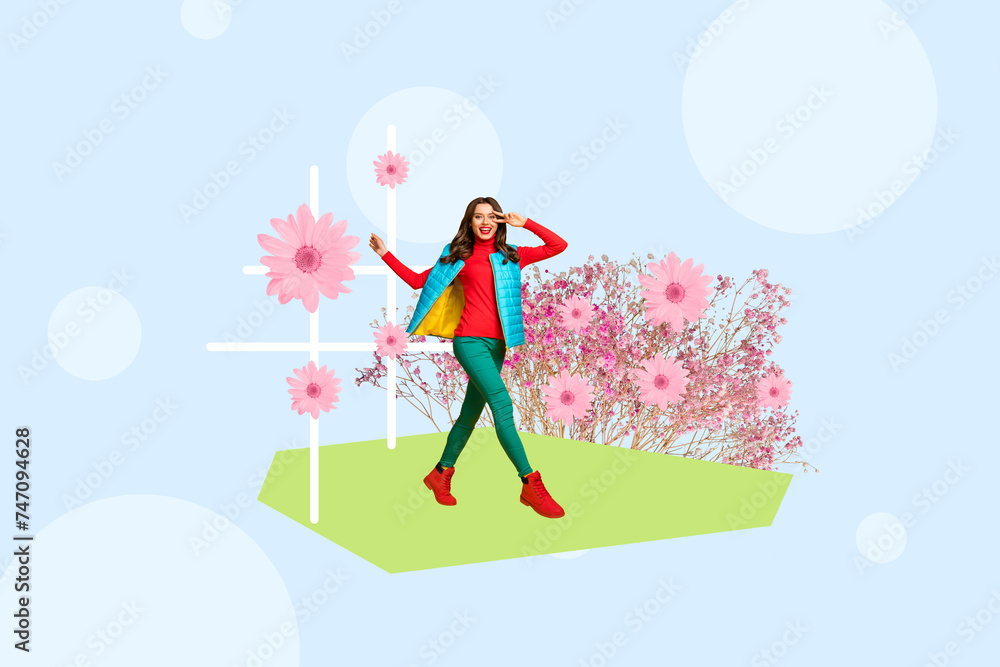 Composite trend artwork sketch image 3d photo collage of attractive young lady walk outdoors in spring park show two fingers hello Composite trend artwork sketch image 3d photo collage of attractive young lady walk outdoors in spring park show two fingers hello