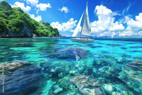 Picturesque scene of a sailing boat gliding through crystal-clear waters, with a backdrop of lush islands and a brilliant blue sky.