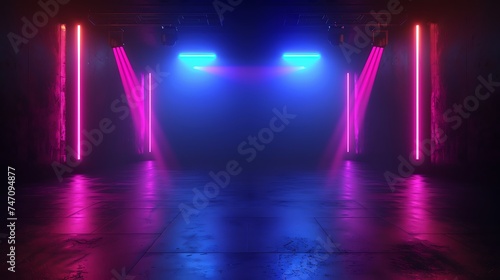 Empty dark abstract background. Background of an empty show scene. Glow of neon lights on an empty stage. Generative Ai © mahaart