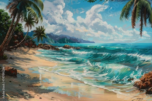 Tranquil scene of a secluded tropical beach, with palm trees swaying in the breeze, turquoise waters lapping at the shore, and the sound of waves