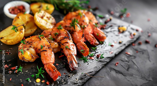 Delicious appetizer of grilled shrimp with potatoes. on black wooden table.
