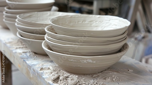 A stack of ceramic dishes, freshly handmade and awaiting firing in a kiln.
