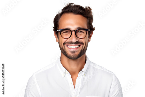 Studio portrait of handsome young Caucasian Americana man wear glasses and casual shirt with a beautiful smiling isolated on transparent png background. © somsuda