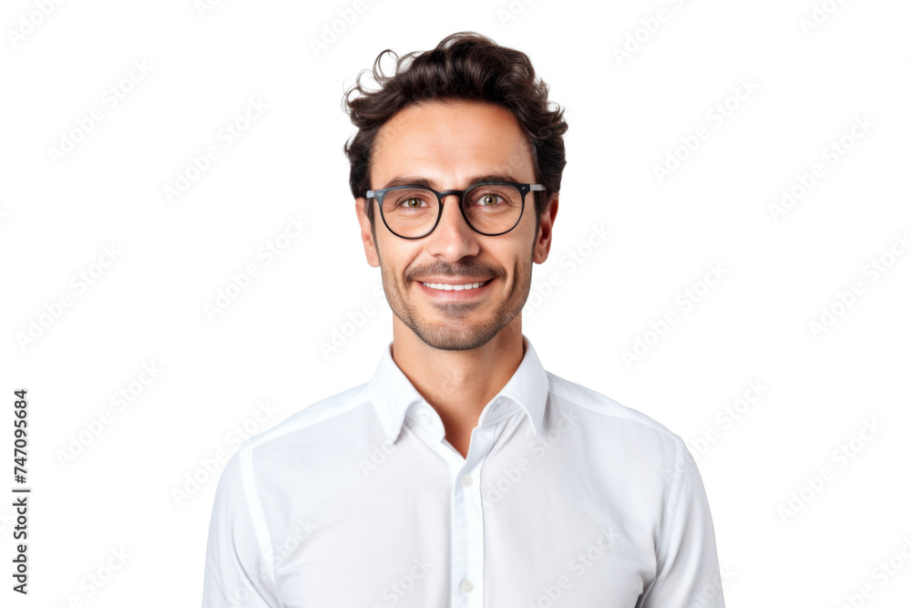 Studio portrait of handsome young Caucasian Americana man wear glasses and casual shirt with a beautiful smiling isolated on transparent png background.