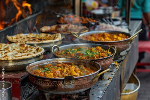 Curry house in a vibrant Indian market, with pots of fragrant curry bubbling away and naan bread baking in a tandoori oven.
