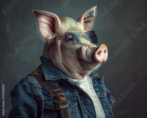Pig in a denim shirt with luxury accessories urban chic loft setting a portrait of casual sophistication