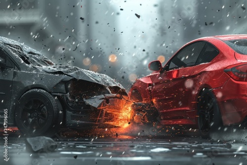 Red and Black Cars Collide in the Rain. Generative AI
