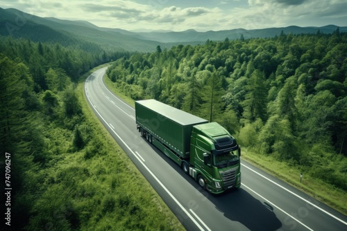 Green Semi Truck Traveling Down Road. Generative AI