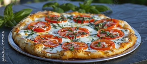 A margarita pizza with fresh tomatoes, mozzarella, and basil sits on top of a metal pan. The pizza is placed on a garden table, ready to be served.