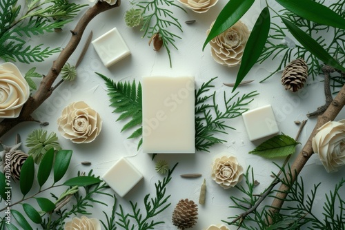 Bar of Soap Surrounded by Flowers and Pine Cones. Generative AI