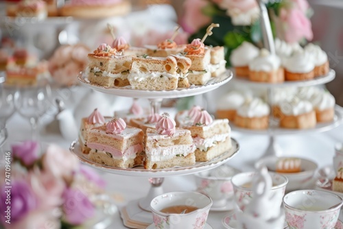 Elegant afternoon tea party  with tiered trays of finger sandwiches  scones with clotted cream and jam  and delicate petit fours.