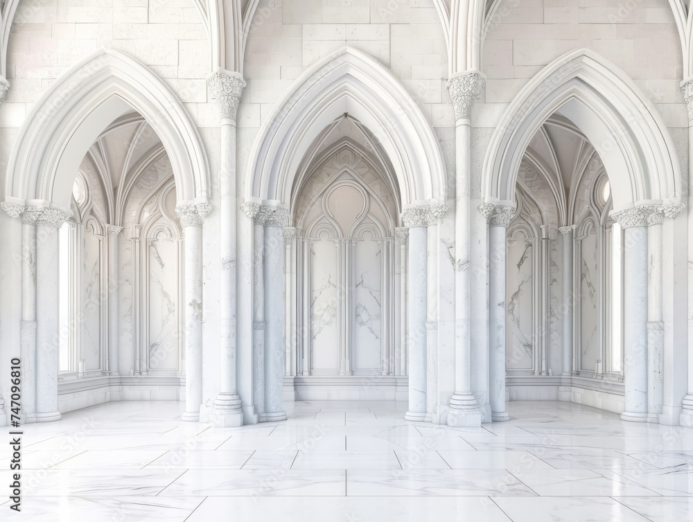 Pristine white cathedral facade minimalist marble design with elegant arches Pristine white cathedral facade minimalist marble design with elegant arches